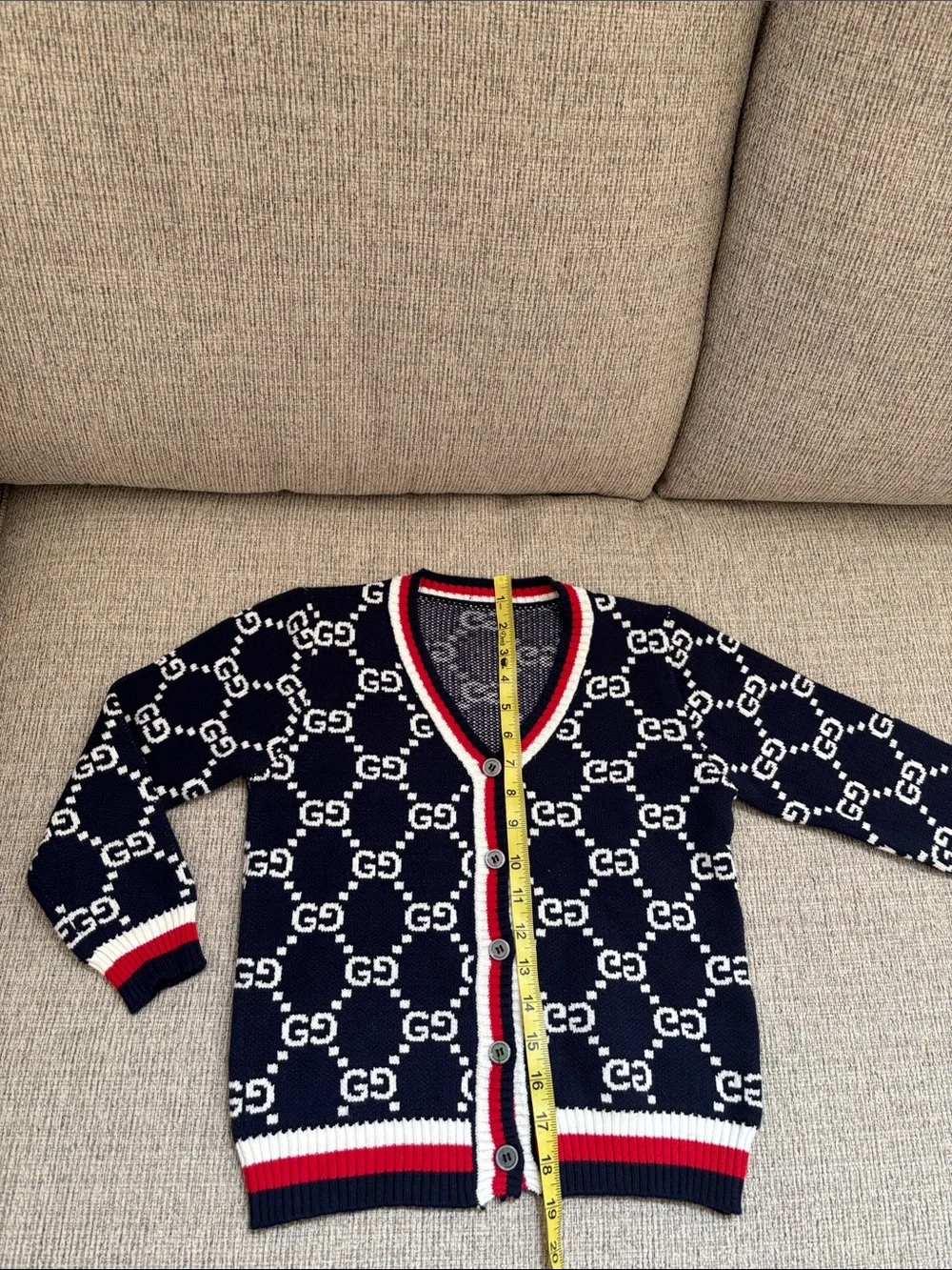 Kids Navy & White GG Logo Knit Cardigan w Red Trim no size tag look pics cute - Picture 4 of 10